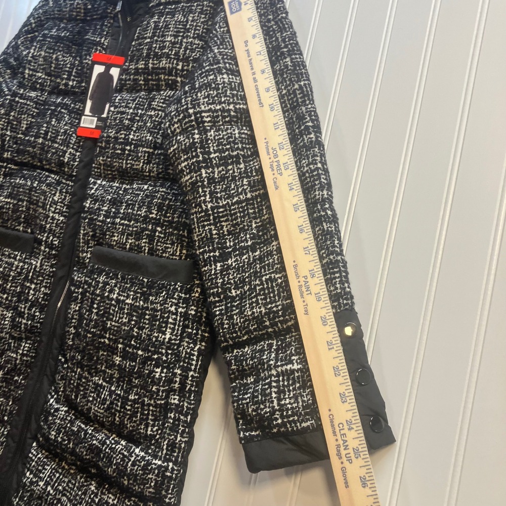 Bernardo Womens Tweed Puffer Coat Black White Mixed Media Mid Length Parka M NEW - Picture 13 of 15